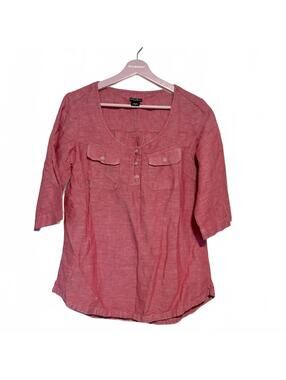 Eddie Bauer Linen 3/4 Sleeve Tabbed Pocket Heathered Red Top | size medium